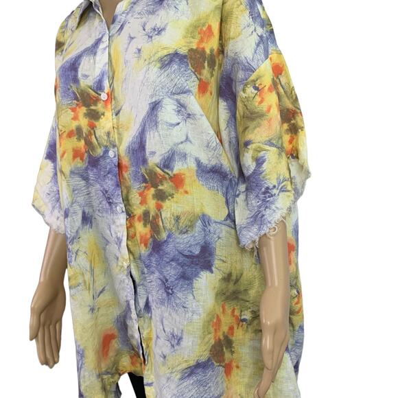 Go Silk Women 2X Beach Blouse Boho Tropical Altered Short Sleeve Linen Button Up - Picture 5 of 13